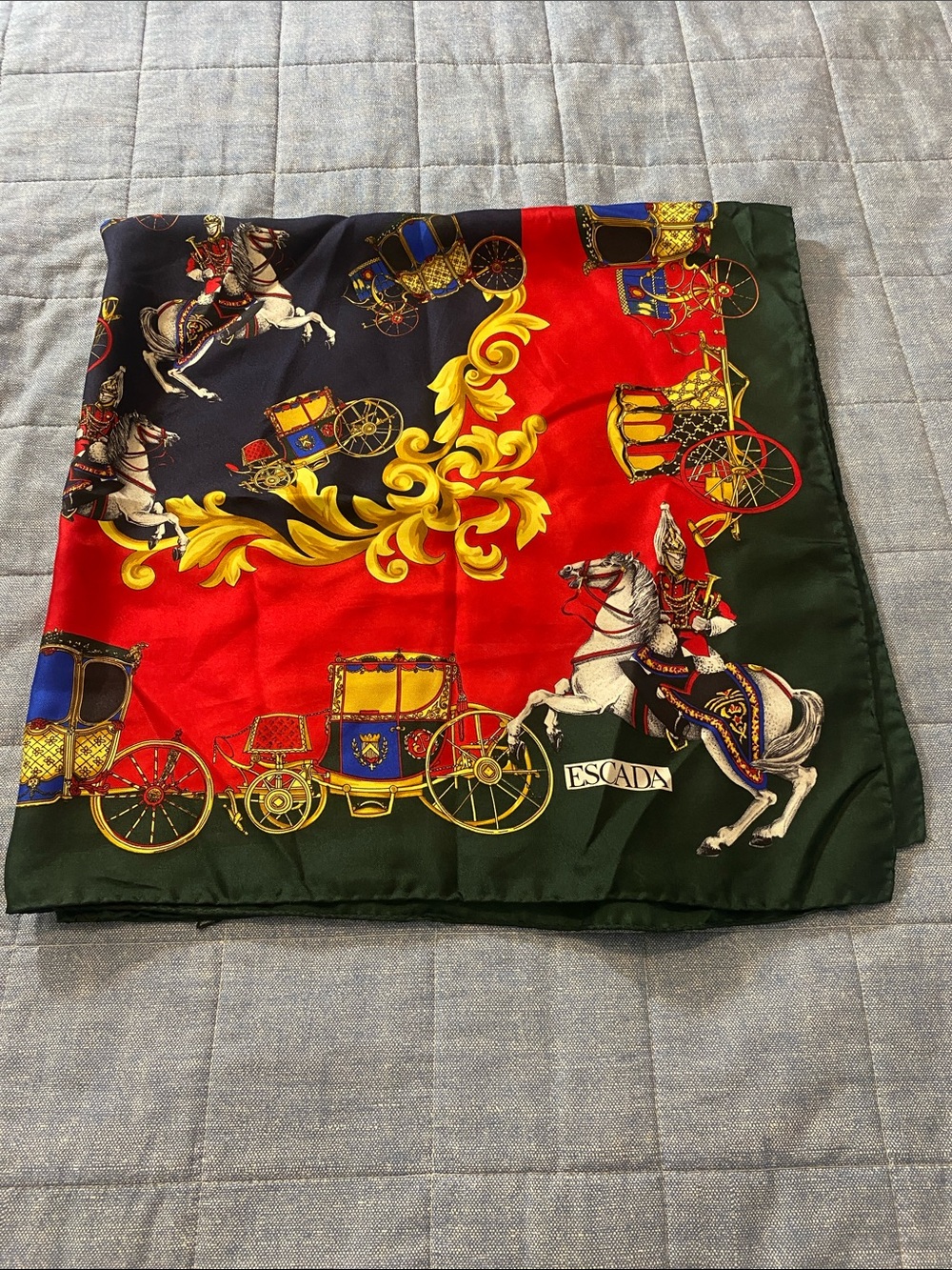 Escada Red Green Navy Silk Carriage Print Hand Rolled Hemmed Scarf